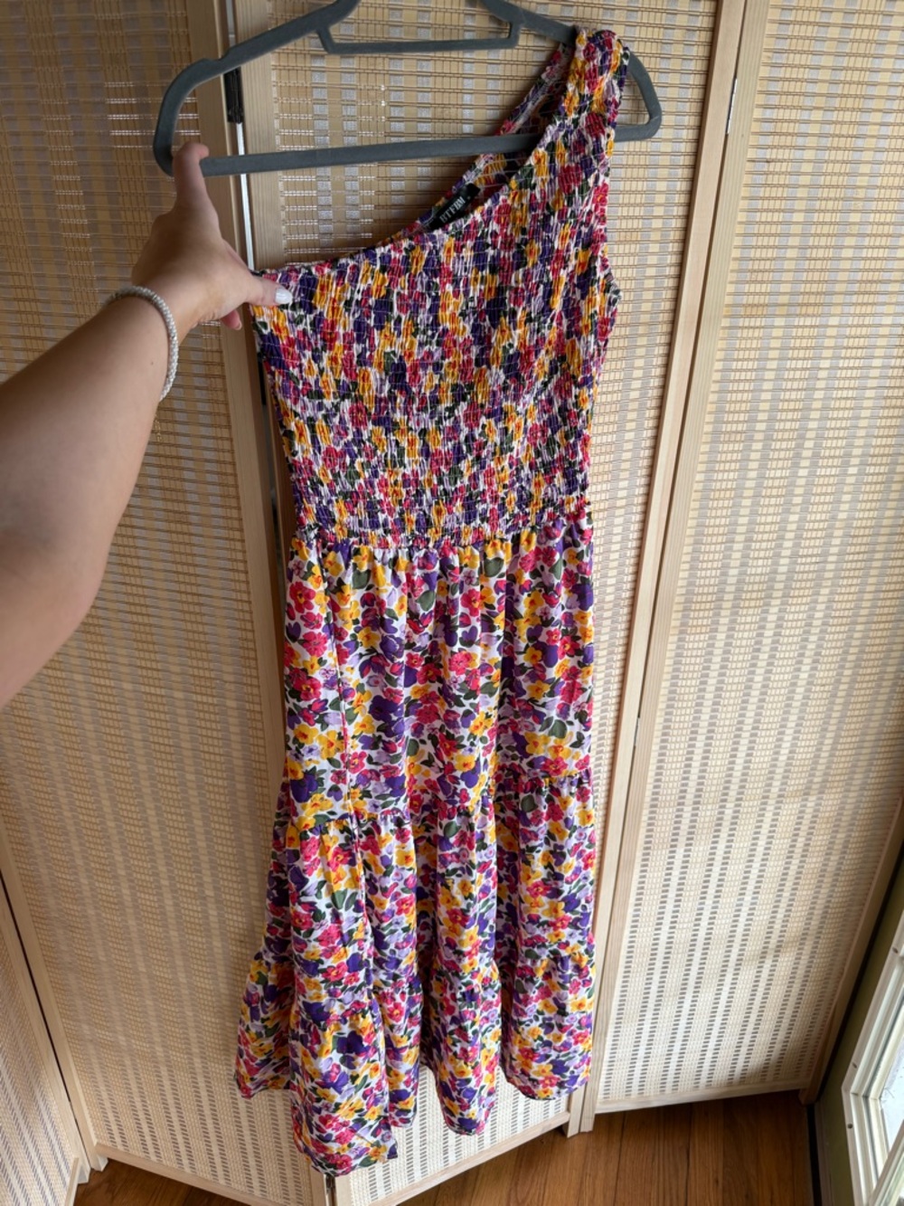 One-Shoulder Floral Midi Dress in Pink, Purple & Yellow